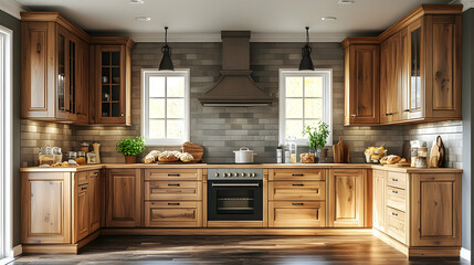 Rustic kitchen interior design with wooden cabinets, stone backsplash, and stainless steel appliances.