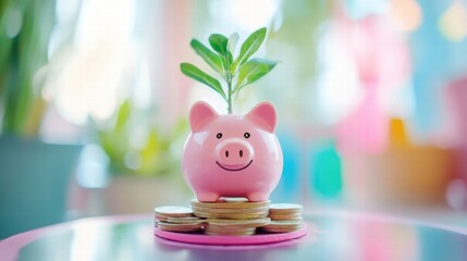 Obraz premium pink piggy bank with growing plant on stack of coins