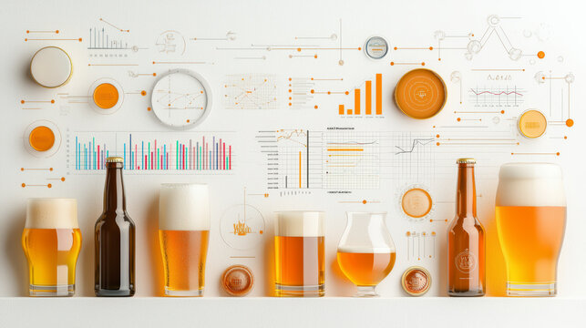 An array of beer bottles and glasses is displayed against a backdrop of charts and graphs, symbolizing data analysis and brewing science.