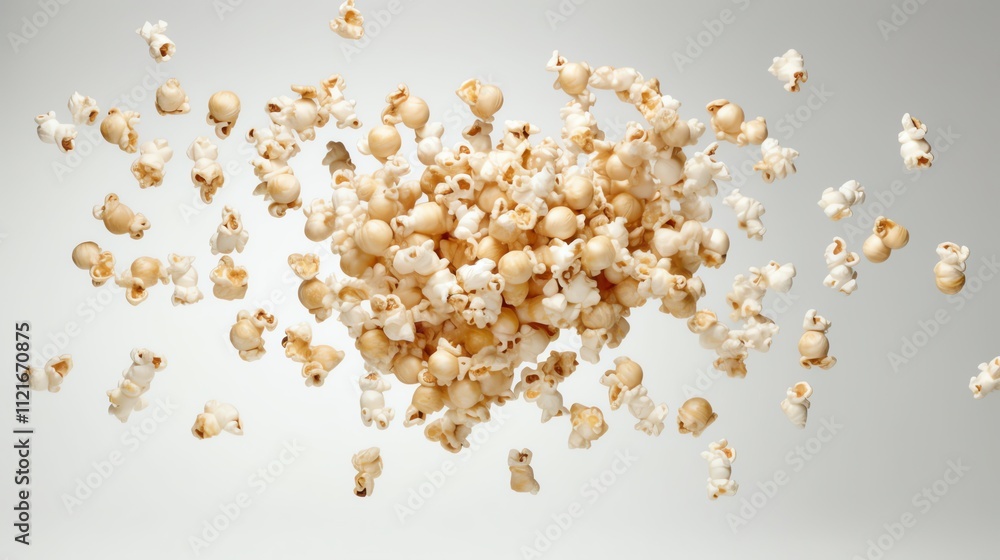Poster airy burst of popcorn kernels exploding against a neutral background.