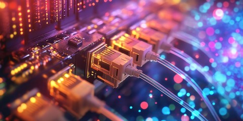 Network Connection: Close-up of Fiber Optic Cables and Connectors