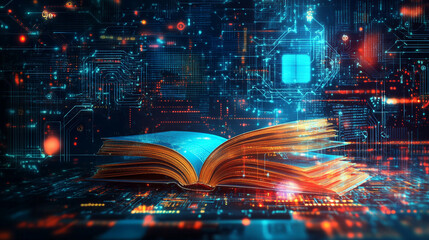 An open book with pages turning into digital data and technology and business concept background, A glowing digital interface an open book with lines and light effect, falling financial graph.