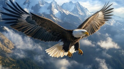Obraz premium Majestic Bald Eagle Soaring Above Mountains