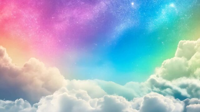 Rainbow with fluffy clouds and magic stars on pastel sky background. Cute concept for children birthday, nursery, baby shower, kindergarten, school. Symbol of LGBT community. International Pride Day