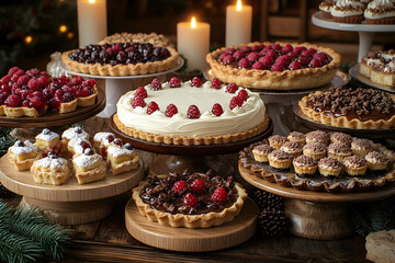 Assortment of delicious pies and tarts with berries and chocolate on wooden stands.
