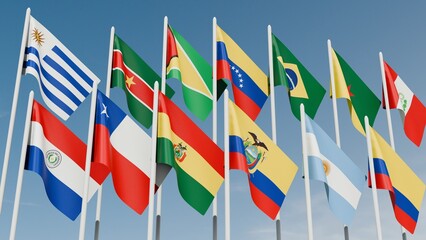 flags of Latin American in the sky 3d illustration image