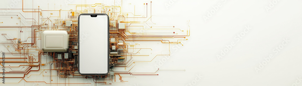 Poster a smartphone with complex circuit designs symbolizes technological connectivity and innovation, blen