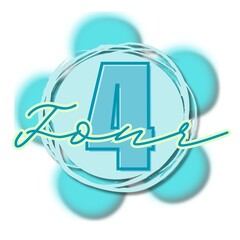 Number 4 and the text four on a green background in the shape of a flower.