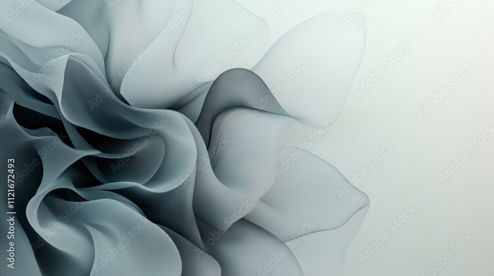 Poster a delicate, flowing abstract design resembling soft, layered petals in muted gray tones, creating a 