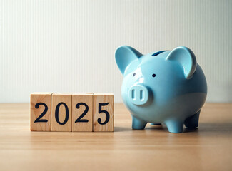 wooden blocks displaying 2025 next a blue piggy bank