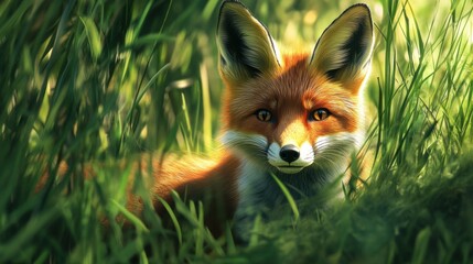 Obraz premium Red Fox Hiding in the Grass