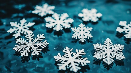 Snowflakes scattered on a blue surface, showcasing intricate designs and a winter theme.