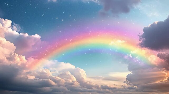 Rainbow with fluffy clouds and magic stars on pastel sky background. Cute concept for children birthday, nursery, baby shower, kindergarten, school. Symbol of LGBT community. International Pride Day