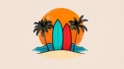 Obraz premium Colorful Surfboards Against Tropical Sunset