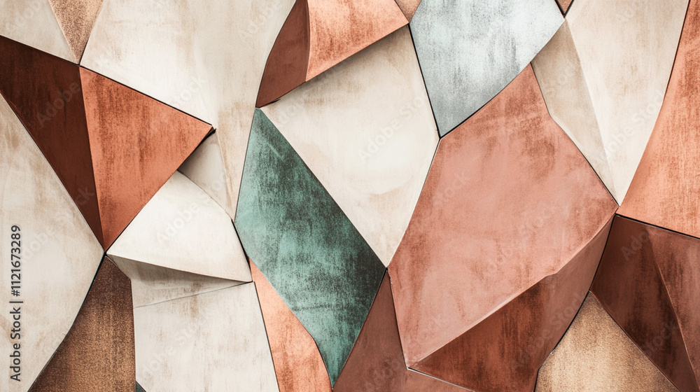 Poster abstract geometric pattern with textured shapes in shades of mocha mousse, copper, and muted teal, c