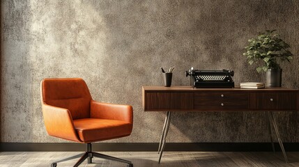 Fototapeta premium Retro Desk with Orange Leather Chair and Typewriter in Stylish Interior. AI generated illustration
