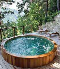 A tranquil hot tub sits in a sunlit space filled with plants, inviting relaxation and rejuvenation. The bubbling water adds to the serene atmosphere, perfect for unwinding