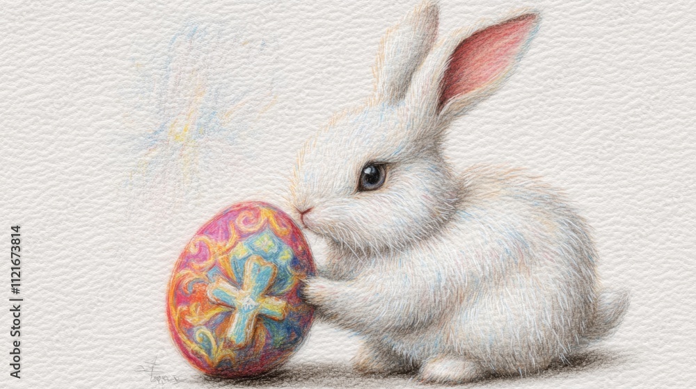 Poster acrylic-style drawing of a rabbit holding a colorful egg with a cross, painted with soft textures on