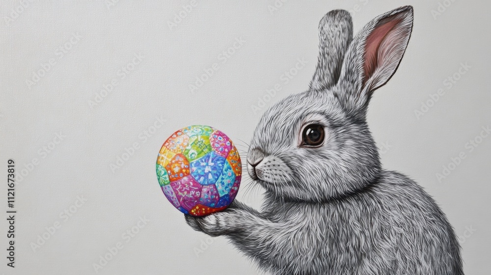 Poster acrylic-style drawing of a rabbit holding a colorful egg with a cross, painted with soft textures on