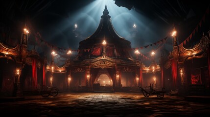 A dimly lit and atmospheric circus ring, filled with anticipation for the upcoming performance.