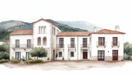 Serene mountain retreat, a watercolor painting of cozy house in majestic landscape