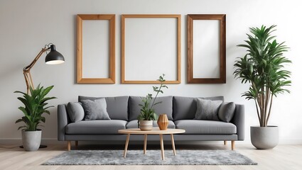 Mockup frame in scandinavian interior with blue sofa and pillows. 3d illustration.