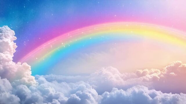 Rainbow with fluffy clouds and magic stars on pastel sky background. Cute concept for children birthday, nursery, baby shower, kindergarten, school. Symbol of LGBT community. International Pride Day