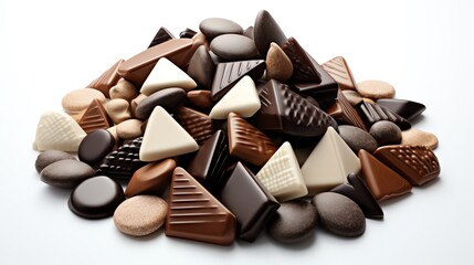 Assorted chocolate pieces in various shapes and colors.