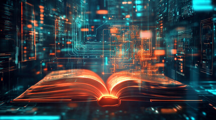 An open book with pages turning into digital data and technology and business concept background, A glowing digital interface an open book with lines and light effect, falling financial graph.