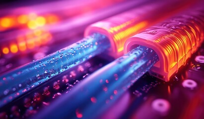 Close Up of Network Cables with Glowing Light