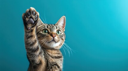 Cute Tabby Cat Raising Paw Against a Blue Background