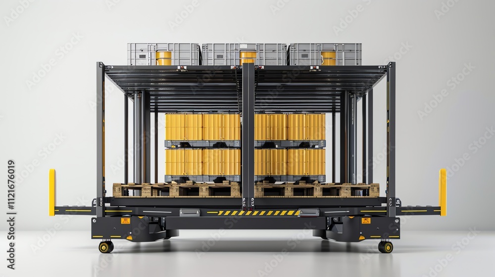 Poster automated guided vehicle carrying multiple pallets of goods.