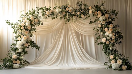 Luxurious white draped fabric forms wedding ceremony backdrop, adorned with elegant white roses and greenery arrangements, creating romantic arch with ethereal atmosphere.