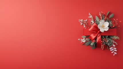 Obraz premium A red background with a white flower and a red ribbon