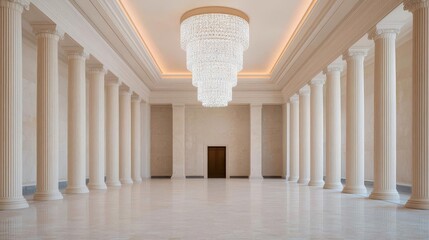 Hotel lobby modern chandelier concept. Elegant hall with columns and a large chandelier.