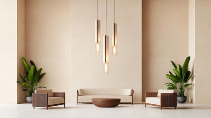 Hotel lobby modern chandelier concept. Modern living space with stylish furniture and elegant...