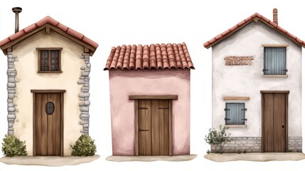 Three charming small houses with windows and doors create a cozy inviting atmosphere.