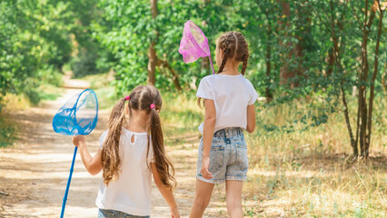 Two little sisters catching butterflies and bugs with their scoop-nets on beautiful sunny summer day