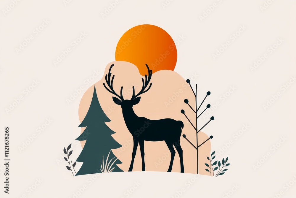 Poster A flat design of a deer in a forest, with trees and grass represented as abstract shapes in soft, natural tones