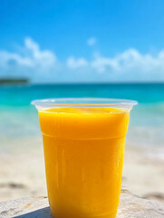 Refreshing tropical drink by the beach on a sunny day with clear blue skies and serene waters