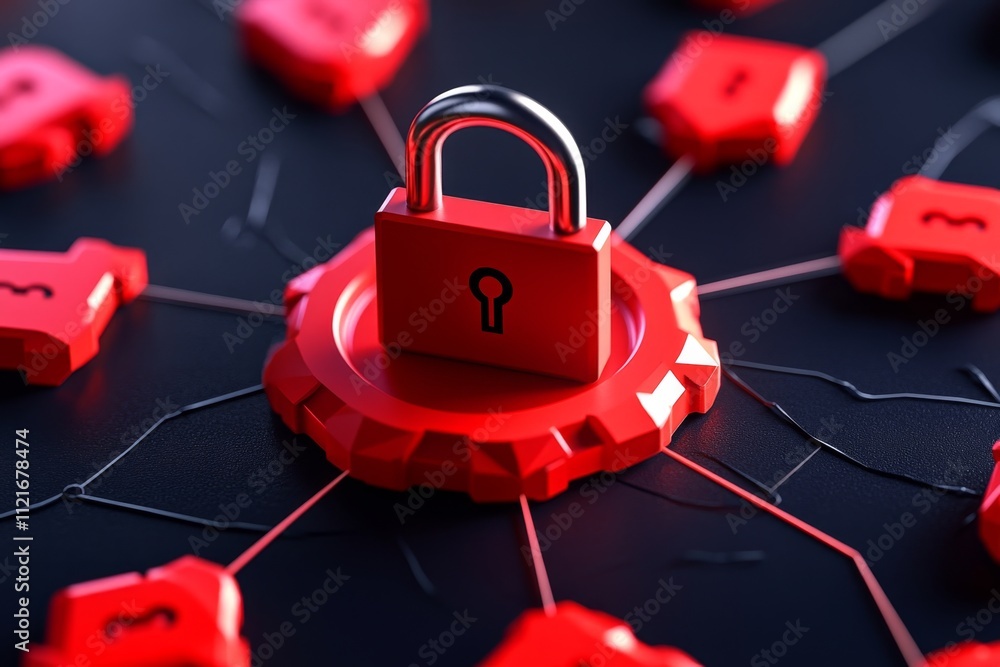 Poster A flat design of a secure database network, featuring glowing locks and arrows symbolizing connections