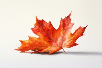 Fototapeta premium A single, vibrant orange maple leaf rests on a white background, showcasing autumn's beauty.
