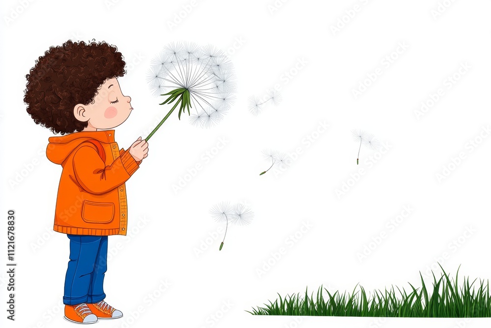 Poster a flat vector design of a child blowing a dandelion puff, with seeds drawn as whimsical spirals floa