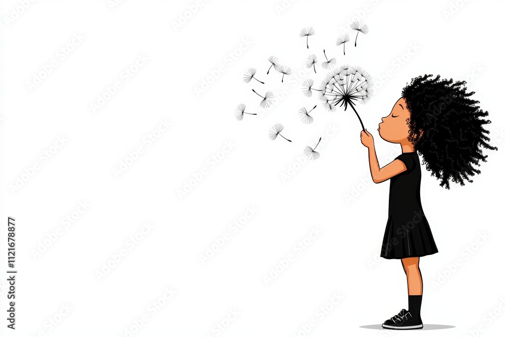 Aufkleber a flat vector design of a child blowing a dandelion puff, with seeds drawn as whimsical spirals floa