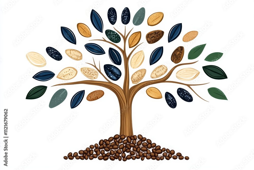 Poster A flat vector design showing a seed sprouting into a tree and returning to the soil, with vibrant colors on a clean white canvas