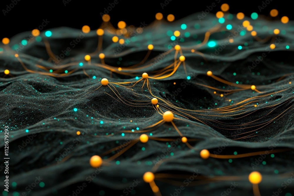 Poster A futuristic 3D database visualization showing a dynamic relational structure with glowing nodes and lines
