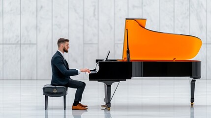 Elegant Man Playing Grand Piano in Modern Setting