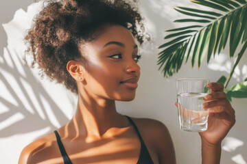 African American woman of about 20-30 years holds a glass of water in her hands on the background of a green plant in the room and smiles