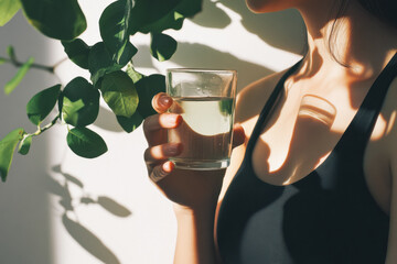 Chinese woman of about 20-30 years holds a glass of water in her hands on the background of a green plant in the room and smiles