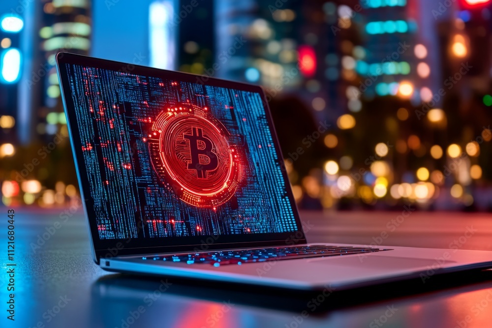 Aufkleber A futuristic laptop showing a secure login to a blockchain database, with dynamic graphics of a decentralized network